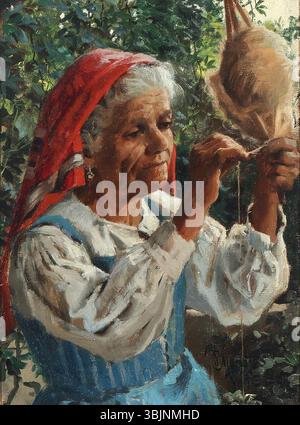 'An Italian Woman Spinning Wool' de Peder Mønsted, peint en 1885, représente une femme engagée dans le métier traditionnel de filer la laine. La peinture capture les textures détaillées de la laine et l'expression focalisée de la femme, mettant en valeur l'habileté de Mønsted à dépeindre des scènes quotidiennes avec des détails fins. Banque D'Images
