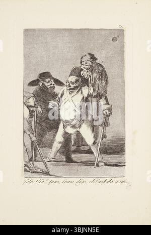 'Vous comprenez ? Eh bien, comme je le dis... Eh ! Attention ! » (¿Está VMD. pues, como digo... eh ! Cuidado ! Si no !), planche 76 de "Los Caprichos" de Goya, capture l'essence de sa critique sociale. La gravure à l'aquatinte brunie et à la pointe sèche, imprimée avec une très bonne impression, illustre l'avertissement de folie morale et sociétale au XVIIIe siècle. Banque D'Images