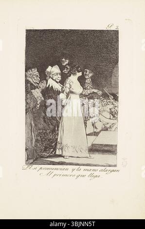 La gravure de Francisco Goya 'They Say Yes and Give Their Hand to the First Comer' (1799) utilise des techniques d'aquatinte brunie et de pointe sèche pour représenter un moment dramatique et symbolique, mettant l'accent sur les contrastes de lumière et d'ombre. Banque D'Images