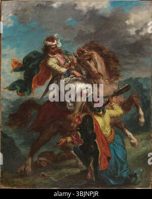 Une peinture à l'huile sur toile réalisée en 1856 par Eugène Delacroix représentant une figure turque se rendant à un cavalier grec, illustrant une scène historique à la composition dynamique. Banque D'Images