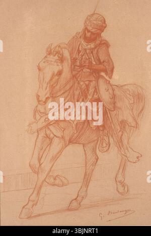 Gustave Boulanger (1824-1888) a créé cette étude préparatoire à l'huile avant 1874 pour 'la via Appia au temps d'Auguste'. L'étude représente une figure de cavalier destinée à une peinture historique plus grande exposée au salon de 1874. Banque D'Images