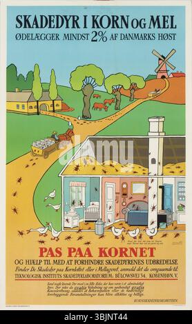 Pas paa Kornet est une affiche lithographique danoise des années 1940 de Robert Storm Petersen promouvant la protection des cultures, avec un style de dessin animé. Banque D'Images
