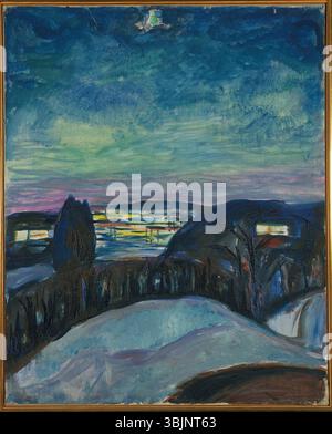 La nuit étoilée d'Edvard Munch (1922-1924) présente un ciel nocturne dramatique, rendu à l'huile sur toile. La peinture combine des formes célestes tourbillonnantes avec le pinceau audacieux caractéristique de Munch pour évoquer un sentiment de troubles cosmiques. Banque D'Images
