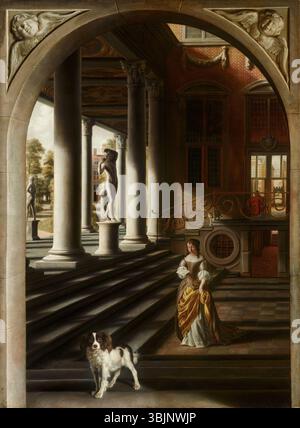 'Perspective View with a Woman Reading a Letter' de Samuel van Hoogstraten, peint vers 1670, montre une femme prise dans une lettre, mettant l'accent sur la perspective. Banque D'Images