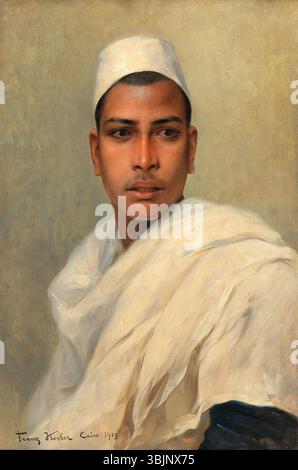 La peinture à l'huile de Franz Xaver Kosler de 1903 « Un jeune bédouin » capture le portrait d'un jeune homme de la culture bédouine. L’œuvre reflète l’intérêt de Kosler pour la diversité culturelle et sa capacité à représenter le lien de l’individu avec son patrimoine. Le travail détaillé utilise des couleurs vives et un style naturaliste. Banque D'Images