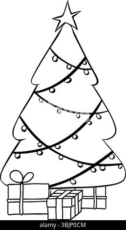 Arbre de Noël avec lumières et boîtes de cadeaux noir et blanc composition isolée. Illustration vectorielle d'encre de ligne graphique. Parfait pour les cartes, la décoration Illustration de Vecteur