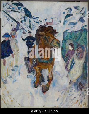 'Galloping Horse' d'Edvard Munch, peint en 1912, représente un cheval en mouvement. L'huile sur toile capture le mouvement puissant et dynamique du cheval, mettant en valeur la capacité de Munch à transmettre l'énergie et le mouvement d'une manière très expressive. Banque D'Images