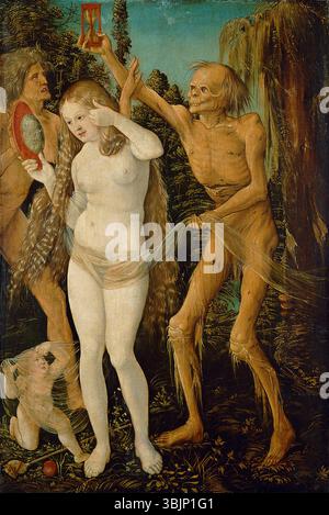 Le tableau de Hans Baldung Grien, « les trois âges et la mort », créé vers 1509-1510, représente trois étapes de la vie humaine à côté d'une personnification de la mort. Le travail à l'huile sur panneau est caractéristique de la Renaissance allemande du début du XVIe siècle Banque D'Images