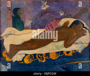*Manaò tupapaú* (1892), aussi connu sous le nom de *Spirit of the Dead Watching*, est une peinture de Paul Gauguin qui représente une femme tahitienne entourée d'intenses symbolismes et émotions. Le sujet, au regard troublant, est entouré d’images surnaturelles. La peinture reflète l’engagement profond de Gauguin avec la culture et la spiritualité tahitiennes pendant son séjour sur l’île. Banque D'Images