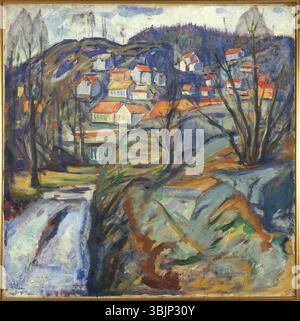 'Kragerø au printemps' (1912) d'Edvard Munch est une peinture à l'huile capturant la ville côtière de Kragerø au printemps. L'œuvre reflète l'exploration de Munch de la beauté de la nature et des changements saisonniers. Banque D'Images