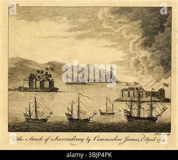 Cette gravure illustre l’attaque du commodore James contre le fort Severndroog le 2 avril 1755. Quatre navires britanniques, dont le Protector, sont montrés en train de tirer sur le fort sur une petite île, tandis que le fort est englouti par les flammes. L’attaque faisait partie d’un effort pour affaiblir les forts contrôlés par les adversaires de la Compagnie des Indes orientales. Banque D'Images