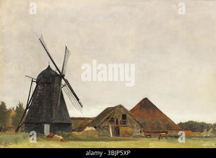 La peinture à l’huile de Peter Ilsted de 1903, « Landskab Med Mølle » (paysage avec moulin), dépeint une scène rurale sereine au Danemark, mettant l’accent sur un moulin à vent situé au milieu de collines ondulantes et de terres agricoles. La peinture met en valeur la beauté naturelle et la simplicité de la campagne danoise. Banque D'Images