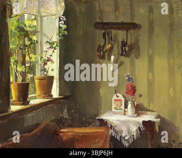 « Un coin de la pièce où le soleil brille à travers la fenêtre » de Hans Smidth (1839-1917) est une peinture à l’huile de 1916, capturant une scène intérieure chaleureuse avec la lumière du soleil qui coule à travers la fenêtre. La composition met en évidence l'interaction de la lumière et de l'ombre dans un espace domestique. Banque D'Images