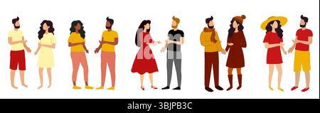 Un groupe de quatre paires distinctes d'individus interagit énergiquement, mettant en valeur divers styles de vêtements allant de décontracté à festif dans un vibrant Illustration de Vecteur