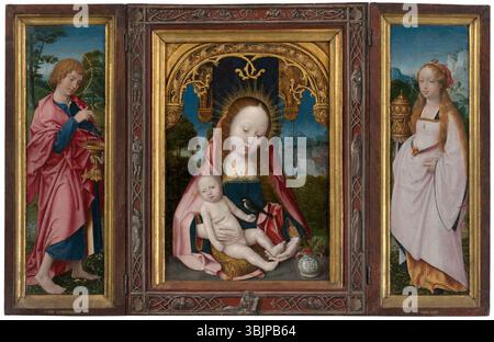 Le triptyque de Jan Provoost vers 1520-1525 présente la Vierge à l’enfant, Saint Jean l’évangéliste et Marie-Madeleine, en utilisant de l’huile sur panneau pour mettre en valeur les thèmes religieux de la Renaissance. Banque D'Images