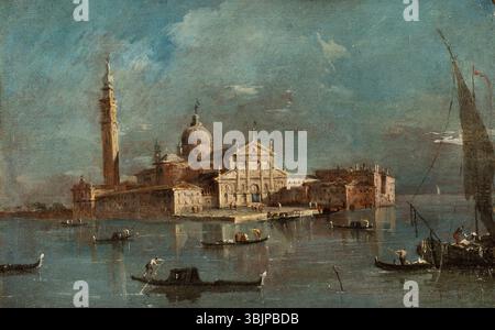 San Giorgio Maggiore de Francesco Guardi (vers 1780) offre une vue sur l'île vénitienne emblématique. Cette peinture à l'huile sur panneau capture la beauté architecturale et les eaux tranquilles qui entourent l'île, soulignant l'importance historique et culturelle de Venise. Banque D'Images