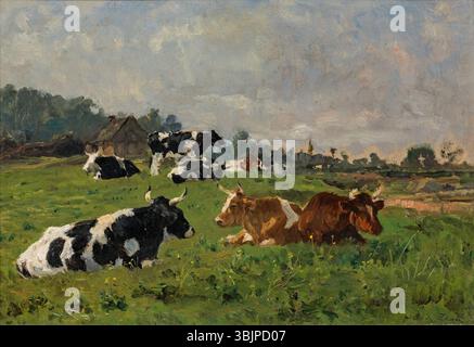 *Kühe auf der Weide* (vaches dans le pâturage) d’Otto von Thoren est une peinture à l’huile représentant un groupe de vaches qui paissent dans un pré verdoyant. La pièce met en valeur la vie rurale calme et la beauté de la nature à la campagne. Banque D'Images