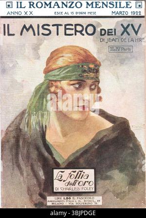 Riccardo Salvadori (1866-1927) a réalisé l'illustration de couverture de l'édition italienne du roman de Jean de la Hire 'le mystère des XV' publié le 15 mars 1922 à Milan. L'œuvre reflète les styles d'illustration de livres du début du XXe siècle. Banque D'Images