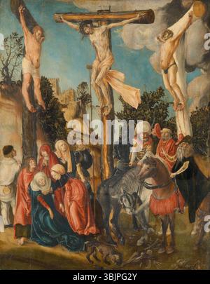 La Crucifixion de Lucas Cranach l'ancien (1500-1501) dépeint la passion du Christ avec des détails éclatants. L’huile sur panneau de chaux représente la scène biblique de la crucifixion du Christ, avec une profondeur émotionnelle expressive et des éléments symboliques. Banque D'Images