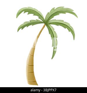 Illustration aquarelle d'un palmier tropical avec un tronc brun courbé et des feuilles vertes luxuriantes sur un fond blanc. Banque D'Images
