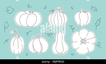 Autocollants citrouilles sertis dans un style dessiné à la main. Collection d'éléments vectoriels monochromes de contour. Illustration de Vecteur