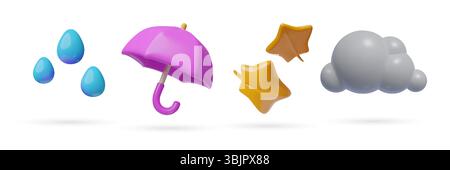 Jeu d'icônes 3d d'automne. Gouttes de pluie en plastique brillant de dessin animé, parapluie ouvert, feuilles rouges d'érable, nuage gris Illustration de Vecteur