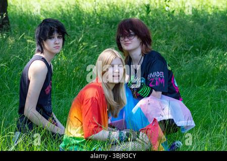 Les participants se reposent sur l'herbe pendant le défilé de la fierté de Varsovie au parc Łazienki, Varsovie, Voïvodie de Masovian, Pologne juin 2025. Banque D'Images