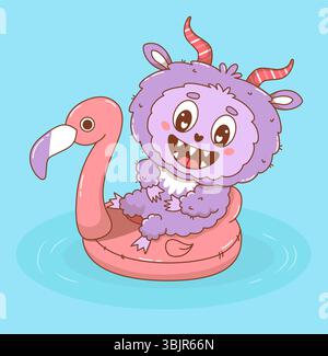 Monstre d'été mignon avec des flotteurs sur flamant rose gonflable. Plage drôle de vacances de caractère kawaii. Illustration vectorielle. Collection enfants Illustration de Vecteur