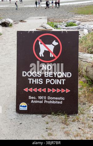 Aucun chien au-delà de ce point signe sur le sentier de Rathtrevor Beach à Parksville, Colombie-Britannique, Canada Banque D'Images
