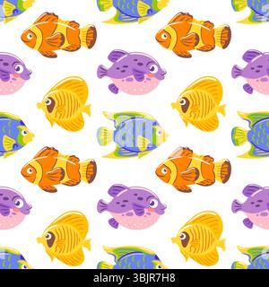 Motifs sans couture habitants de l'océan tropical. Poisson clown, anges, fugu. Pour papier peint, textile, emballage, fond. Illustration de Vecteur