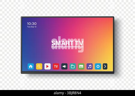 Vector 3d Realistic Smart TV interface avec applications à l'écran. Maquette Flat Smart Television avec icônes d'application à distance, affichage multimédia à domicile coloré, streaming Illustration de Vecteur