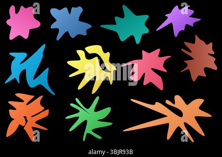 Ensemble d'éclaboussures de peinture abstraite colorées de différentes couleurs sur fond noir. Éléments artistiques pour la créativité et le design de l'école. Pour la rentrée scolaire Illustration de Vecteur