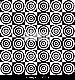 Rond multiple cercles noirs et blancs disposés sur des carrés à carreaux motif sans couture, illustration de répétition dessinée à la main abstraite Illustration de Vecteur