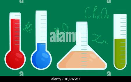 Illustration d'un ensemble coloré de flacons de chimie avec des liquides et des formules chimiques sur fond vert. Pour le thème de la rentrée scolaire, l'éducation et le scien Illustration de Vecteur