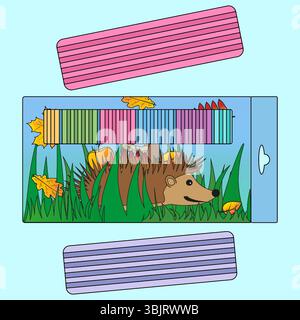 Illustration vectorielle de dessin animé plat de l'argile à modeler colorée dans la boîte à thème d'automne avec hérisson et feuilles. Fournitures d'art scolaire pour la créativité des enfants. Illustration de Vecteur