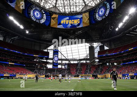 Atlanta, États-Unis. 16 juin 2025. Le Chelsea FC et le LAFC s’échauffent avant le match de la Coupe du monde des clubs de la FIFA au stade Mercedes-Benz d’Atlanta, en Géorgie, le 16 juin 2025. (Photo de Kindell Buchanan/Sipa USA) crédit : Sipa USA/Alamy Live News Banque D'Images