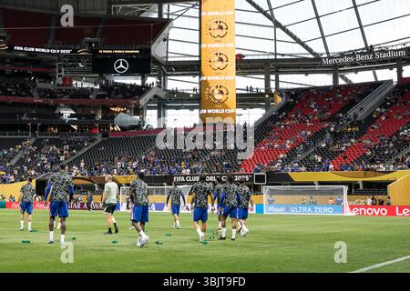 Atlanta, États-Unis. 16 juin 2025. Le Chelsea FC se réchauffe avant le match de la Coupe du monde des clubs de la FIFA au stade Mercedes-Benz à Atlanta, en Géorgie, le 16 juin 2025. (Photo de Kindell Buchanan/Sipa USA) crédit : Sipa USA/Alamy Live News Banque D'Images