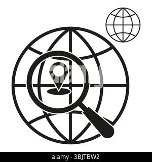 Icône de recherche de globe. Forme de loupe d'emplacement. Vecteur de broche global. Symbole du contour de la terre Illustration de Vecteur
