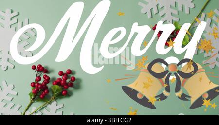 Texte joyeux sur le dessus de table vert menthe, avec des cloches dorées, des baies de houx, des flocons de neige et des confettis Banque D'Images