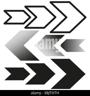 Directions des flèches grises. Symboles triples chevrons. Icônes de navigation vectorielle. Pointeur monochrome. Illustration de Vecteur