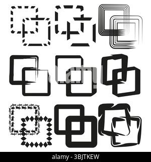 Carrés de pics de pixels. Éléments de cadre cassés. Formes abstraites décoratives. Symboles vectoriels déformés. Illustration de Vecteur
