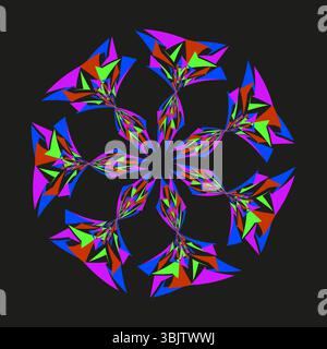 Motif de fleur de kaléidoscope. Roue à pétales arc-en-ciel. Mandala vectoriel abstrait. Contraste d'arrière-plan noir. Illustration de Vecteur