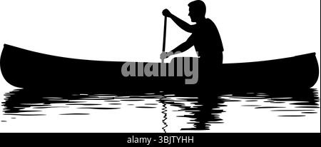 Canoë pagaie calmement un canoë sur l'eau réfléchissante créant des ondulations silhouette est en noir Uni Illustration de Vecteur