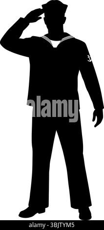 Navy Sailor salue les stands dans la silhouette portant l'uniforme et chapeau avec emblème d'ancre honorablement Illustration de Vecteur