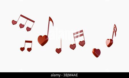 Un rendu 3D d'arrangement ludique et romantique de notes de musique rouges, chacune incorporant de manière unique une forme de coeur. Une métaphore visuelle pour les « notes d'amour » Banque D'Images