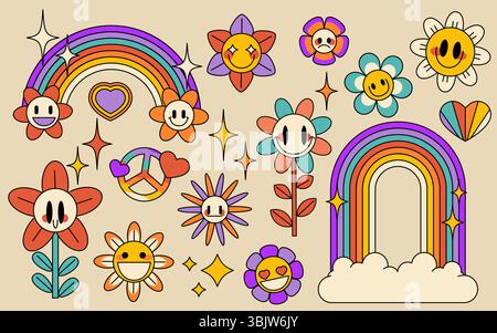 Collection de fleurs arc-en-ciel rétro - des visages souriants groovy sur des fleurs colorées avec des symboles de paix, des coeurs et des étincelles. Marguerites hippie vintage, arches psychédéliques et nuages pour un design nostalgique de style des années 70. Illustration de Vecteur