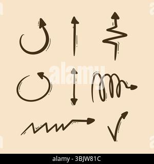Flèches d'esquisse brunes créatives avec boucles, spirales, courbes et styles de direction Illustration de Vecteur