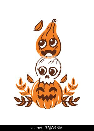 kawaii Halloween illustration présente une charmante pyramide de citrouilles mignonnes, un crâne adorable. Le design ludique mélange des éléments effrayants et doux Illustration de Vecteur