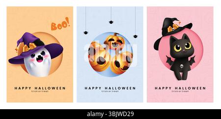 Ensemble d'affiches clipart de salutation Halloween. Modèle de carte d'invitation d'Halloween clip art collection avec astuce ou traiter des personnages comme fantôme, citrouille Illustration de Vecteur