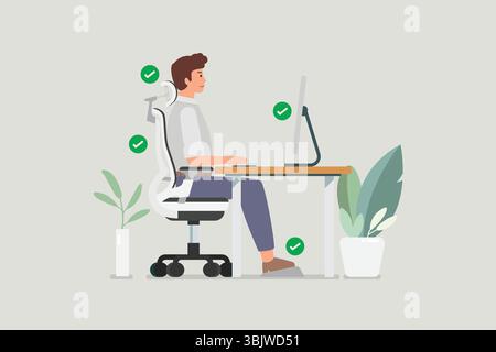 Homme assis correctement au bureau et travaillant avec un ordinateur. Illustration vectorielle Illustration de Vecteur